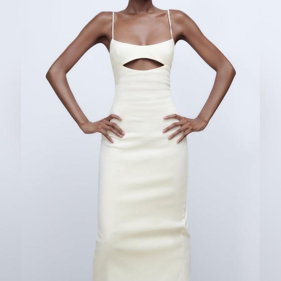 ZARA Stretch Oyster White Linen Blend Cut Out Midi Maxi Dress $79.90 - Picture 9 of 17
